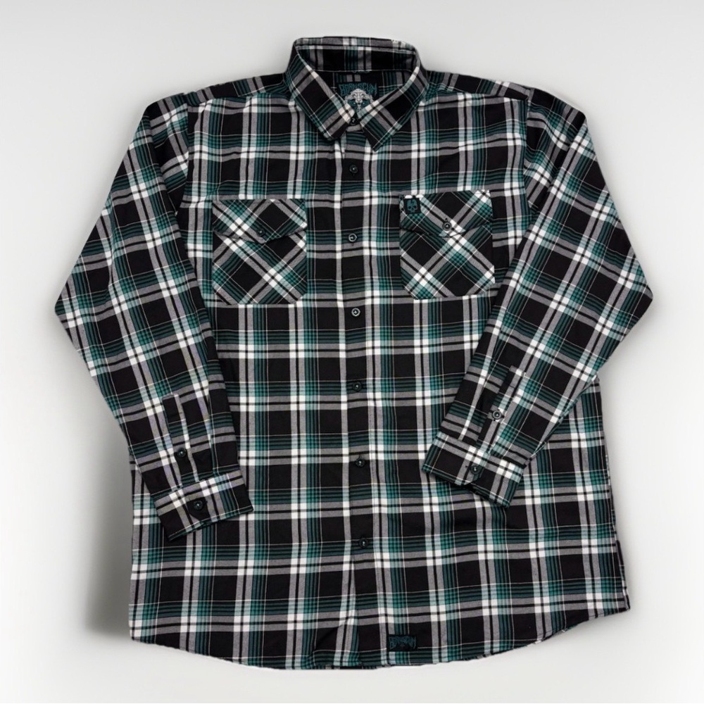 BORN-SCUM FLANNEL 3XL  Plaid Teal Black Pockets Men’s Button Down Long Sleeve